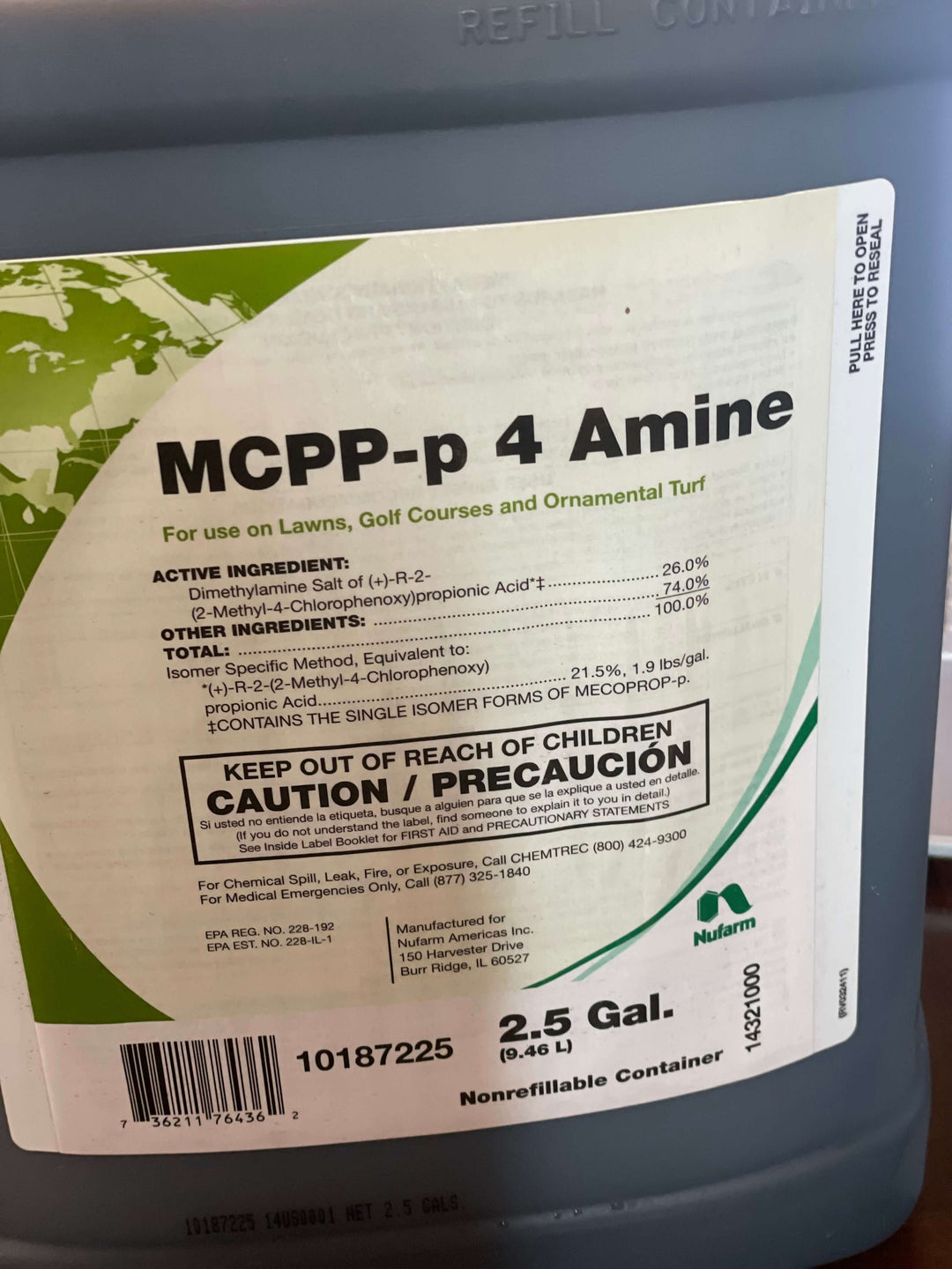 Nufarm MCPP-P 4 Amine herbicide, 2.5 gallons, ideal for golf courses, lawns, and ornamental care. Effective broadleaf weed control.