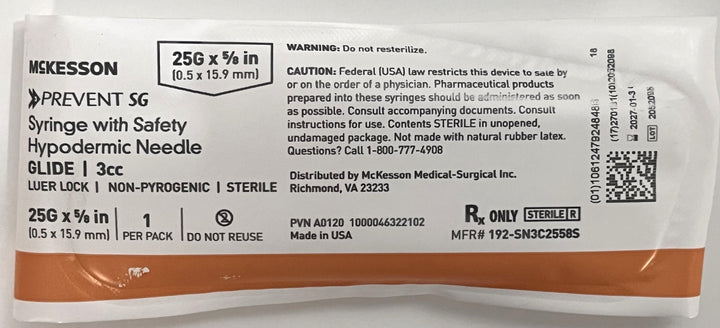 McKesson Prevent SG 3ml syringe with Glide Safety Needle, 25G x 5/8". Features a secure safety mechanism for safe, precise injections.