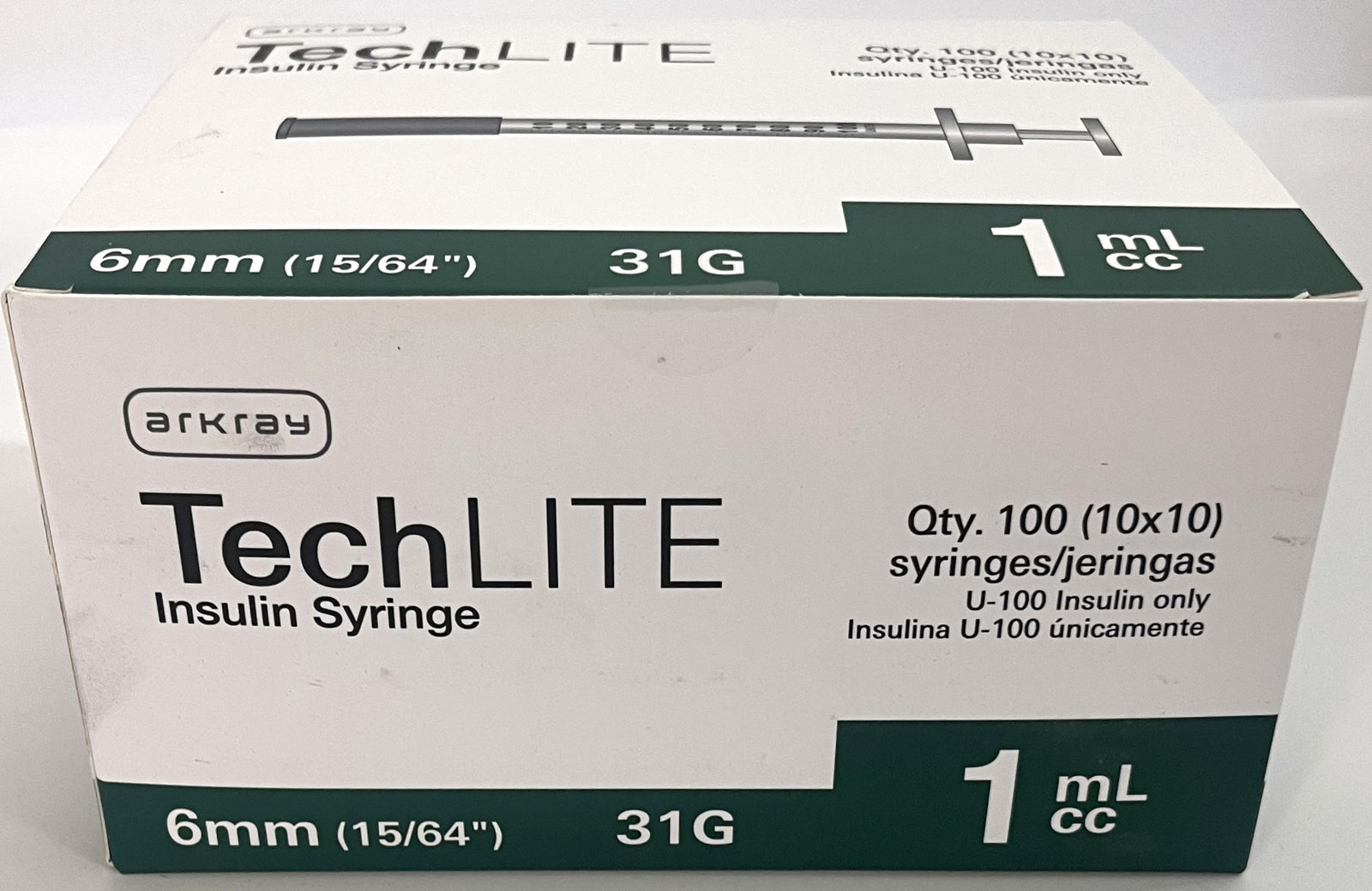 TechLite 31G 1cc 6mm Insulin Syringes, 100/Box