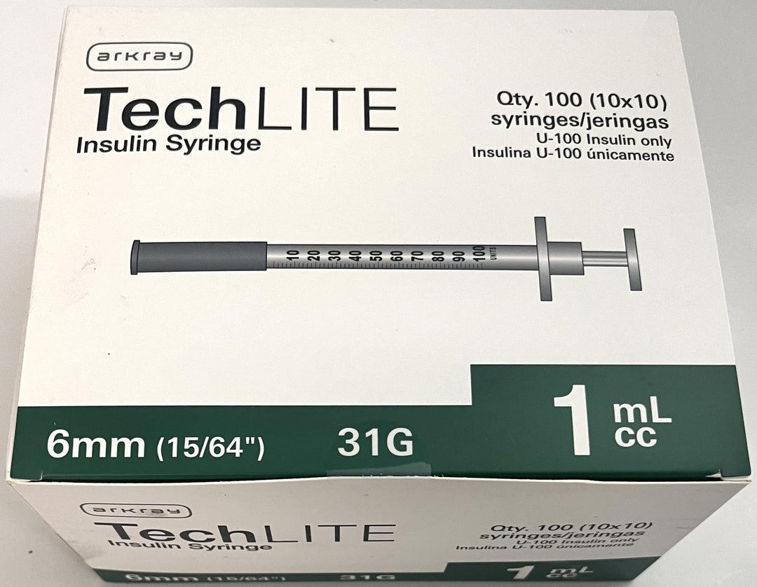 TechLite 31G 1cc 6mm Insulin Syringes, 100/Box