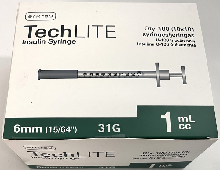 TechLite 31G 1cc 6mm Insulin Syringes, 100/Box