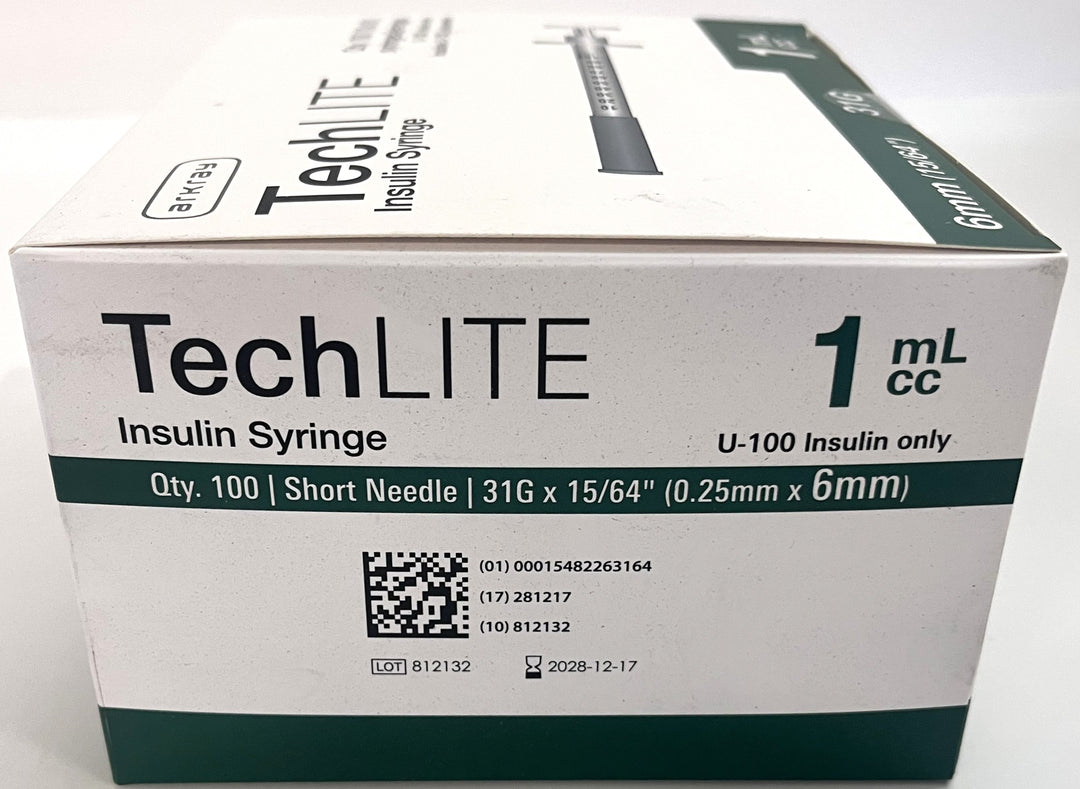 TechLite 31G 1cc 6mm Insulin Syringes, 100/Box