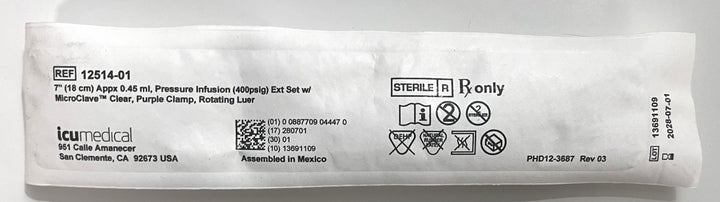 ICU Medical 12514-01 Pressure Infusion Extension Set 7" (50/Pack)