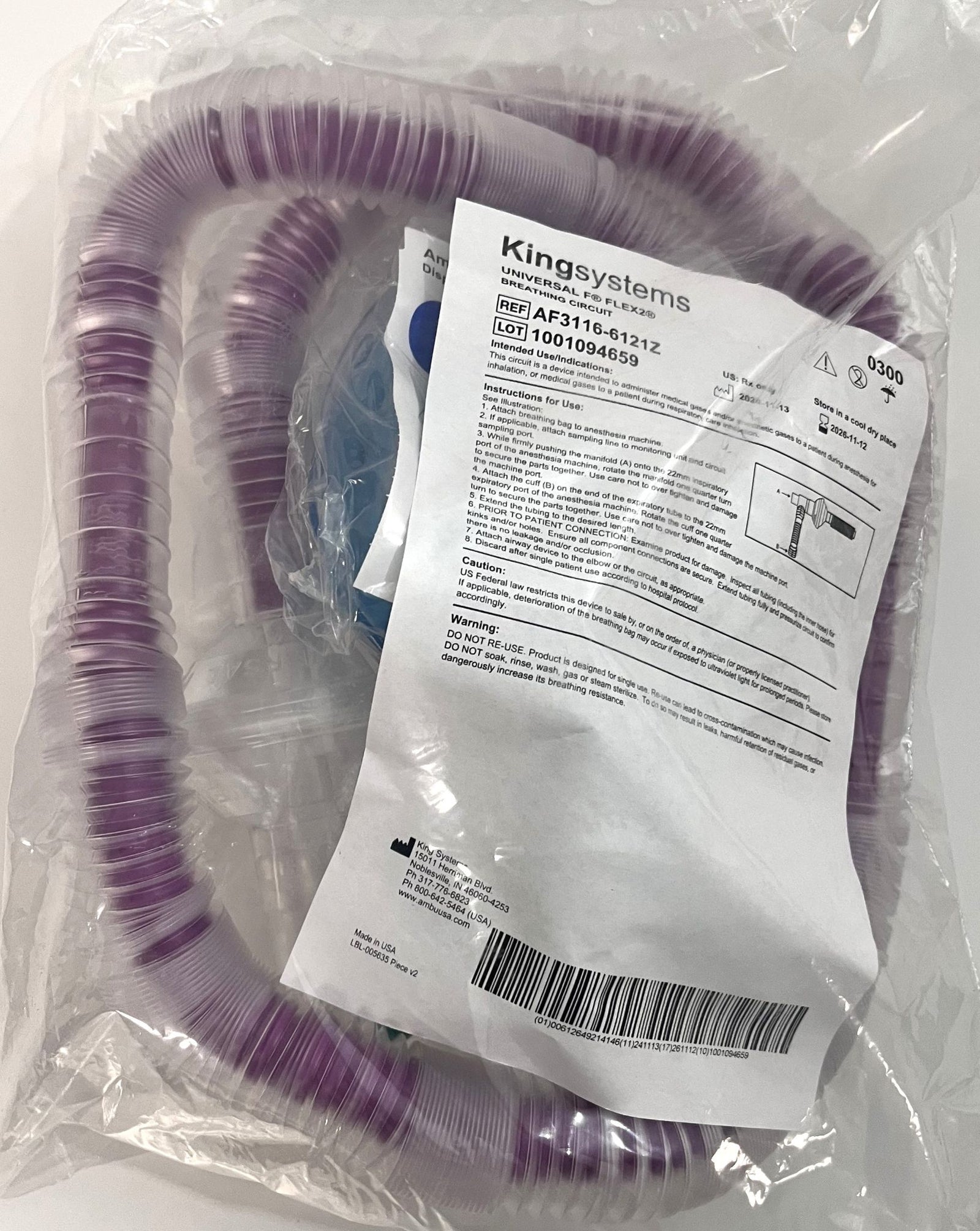 KingSystems AF3116-6121Z Universal F Flex2 Breathing Circuit (30-Pack) in sealed packaging.