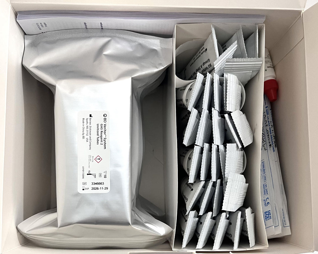 256040 Veritor System for Rapid Detection of Group A Strep (30/Kit) with test devices and reagents.