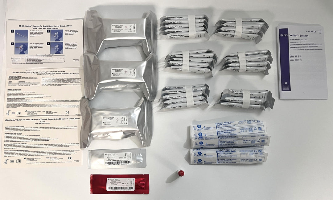 256040 Veritor System for Rapid Detection of Group A Strep (30/Kit) with test devices and reagents.