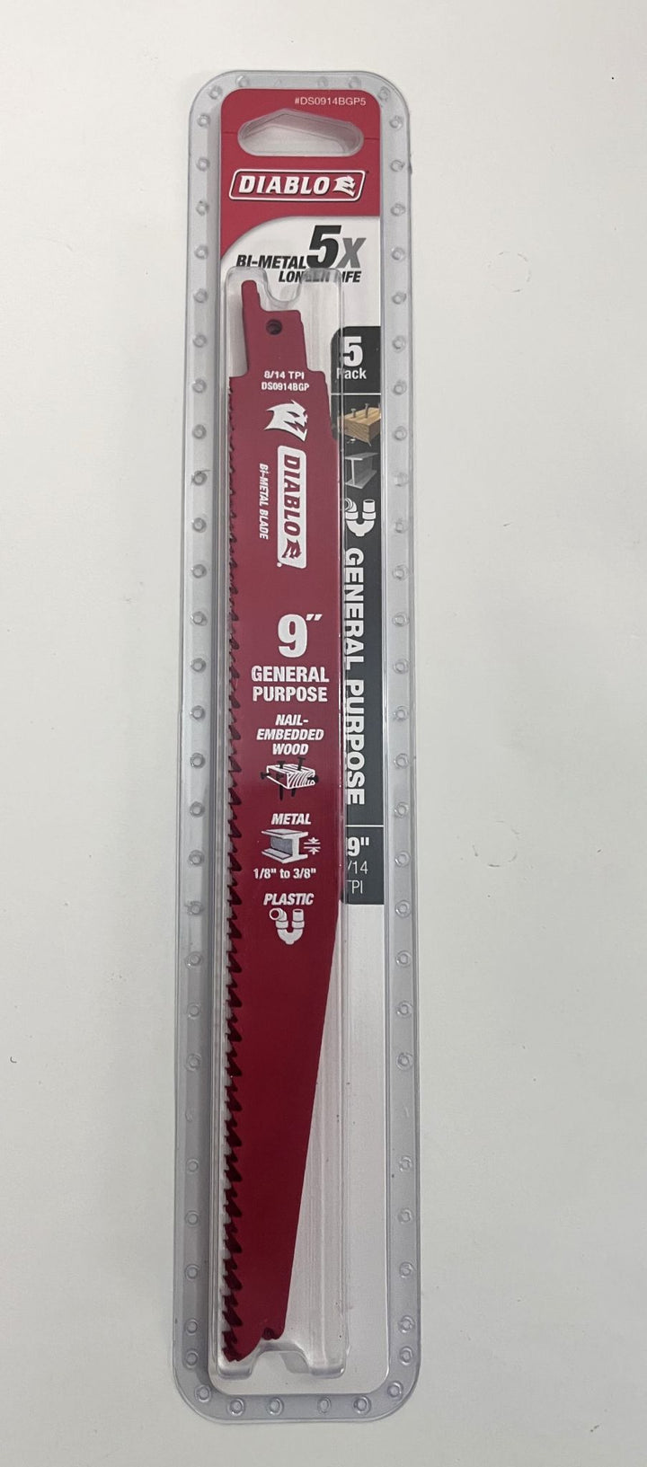 Diablo 9-inch bi-metal general-purpose reciprocating saw blade, 5-pack, durable and versatile for fast cutting in wood and metal.