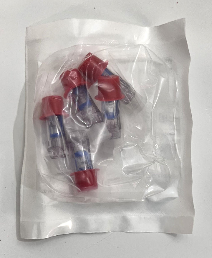 ICU Medical CH2000SC-5 Spiros Closed Male Luer with red cap, shown in bulk 49-pack for medical use
