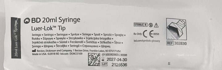 Transparent 20 mL syringe with Luer-Lok tip, clear markings, and smooth plunger action.