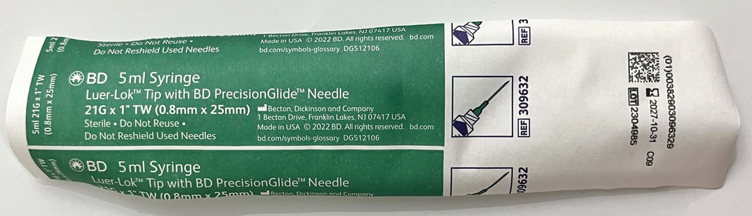 309632 Luer-Lok Tip 5ml Syringe and PrecisionGlide Needle 21G x 1" (100/Box)