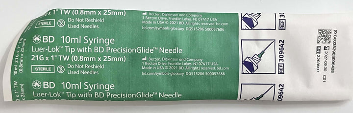 309642 10ml LL Tip Syringe with PrecisionGlide Needle 21G x 1" (100/Box)