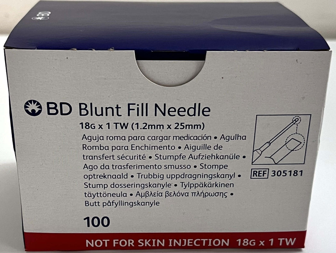Box of 100 BD 305181 Blunt Fill Needles, 18G x 1", sterile and non-pyrogenic.
