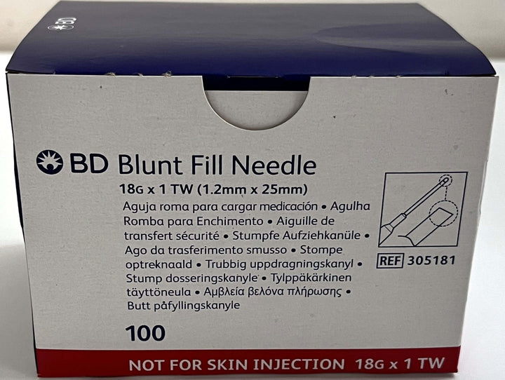Box of 100 BD 305181 Blunt Fill Needles, 18G x 1", sterile and non-pyrogenic.