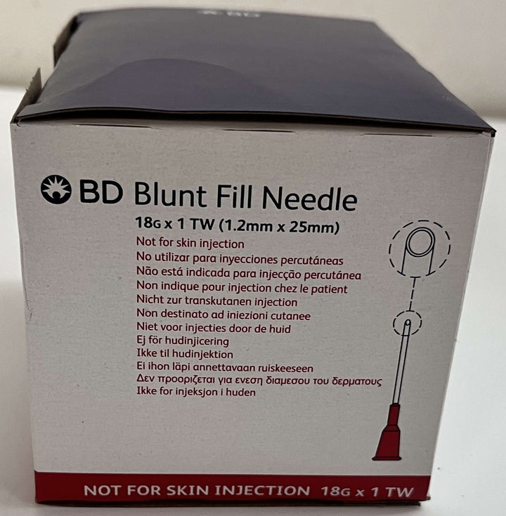 Box of 100 BD 305181 Blunt Fill Needles, 18G x 1", sterile and non-pyrogenic.