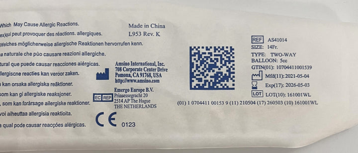 Amsino AMSure Silicone Coated Latex Foley Catheter (10ea/Box), 5cc balloon.