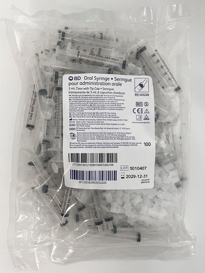 BD Oral Syringe 3ml Clear with Tip Cap, 305220 (100-Pack)