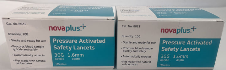 Novaplus 8021 Pressure Activated Safety Lancets 30G 1.6mm (Lot of 2 Boxes)