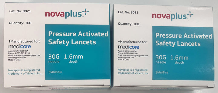 Novaplus 8021 Pressure Activated Safety Lancets 30G 1.6mm (Lot of 2 Boxes)