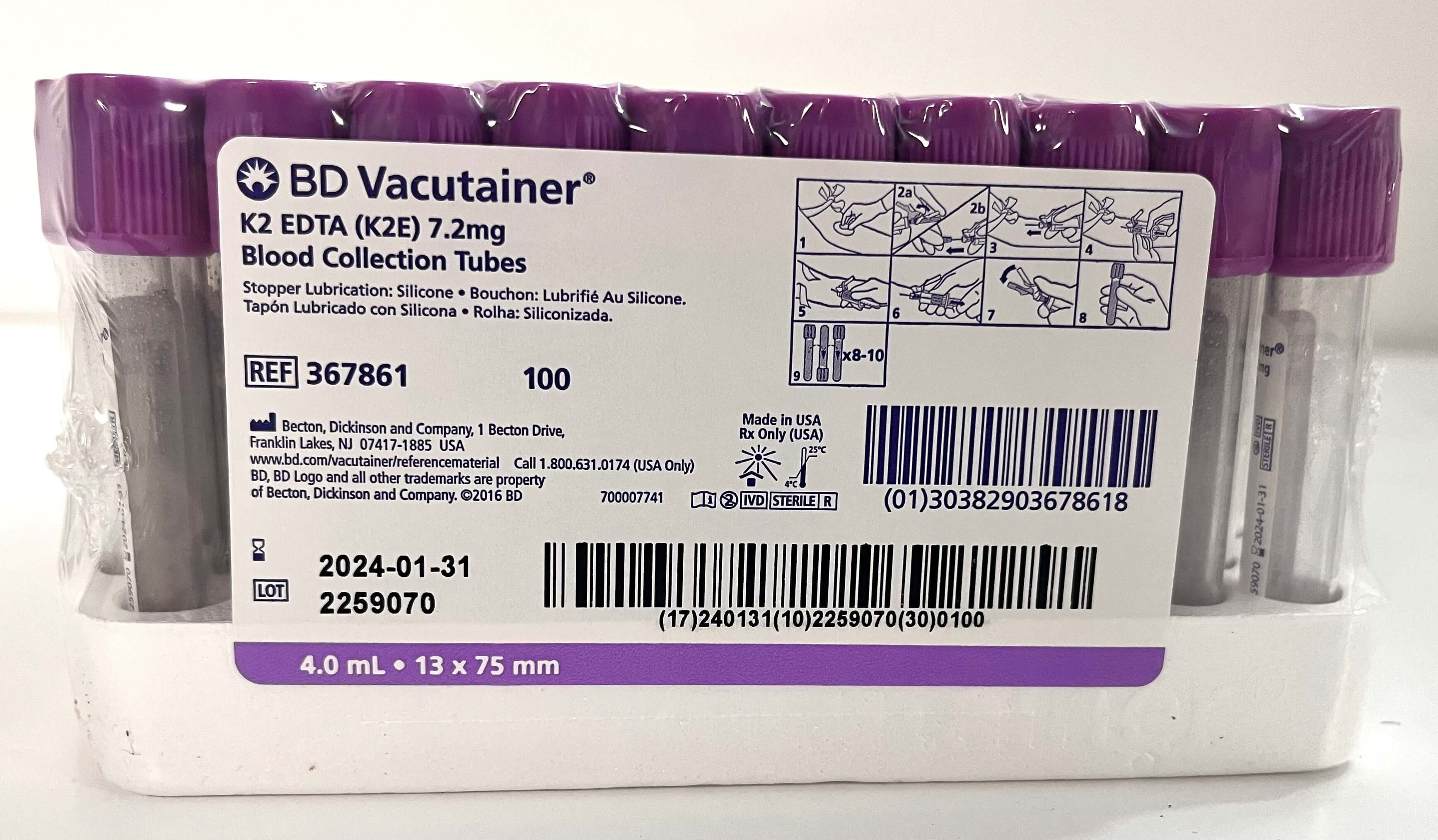 BD 367861 BD Vacutainer K2 EDTA (K2E) 7.2mg Blood Collection Tubes