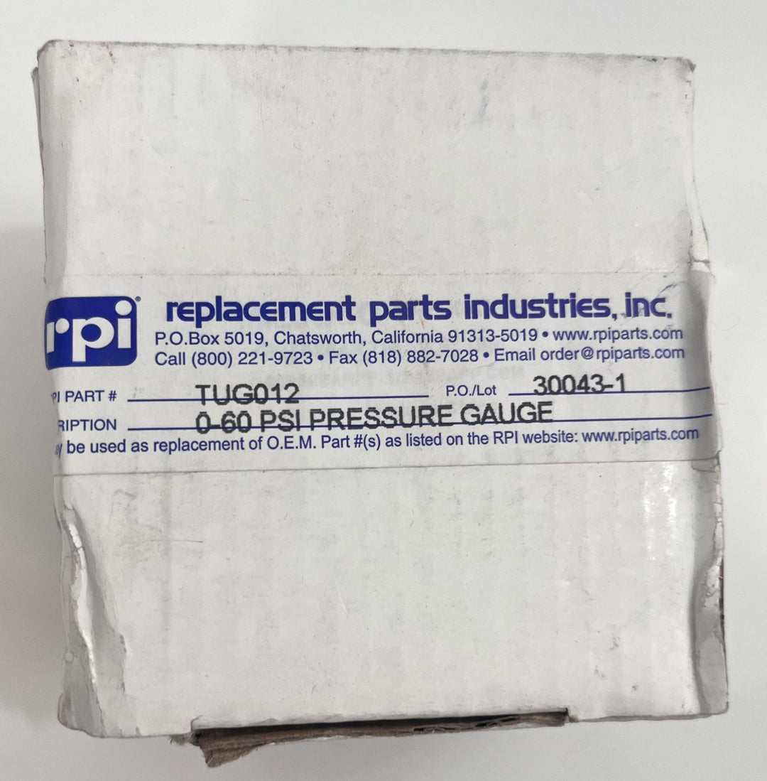RPI Pressure Gauge TUG012 for Tuttnauer Autoclave, 2.5" dial, reads 0–60 PSIG, replacement part.