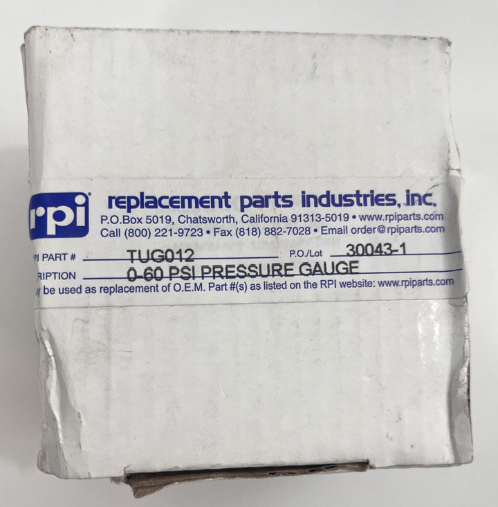 RPI Pressure Gauge TUG012 for Tuttnauer Autoclave, 2.5" dial, reads 0–60 PSIG, replacement part.