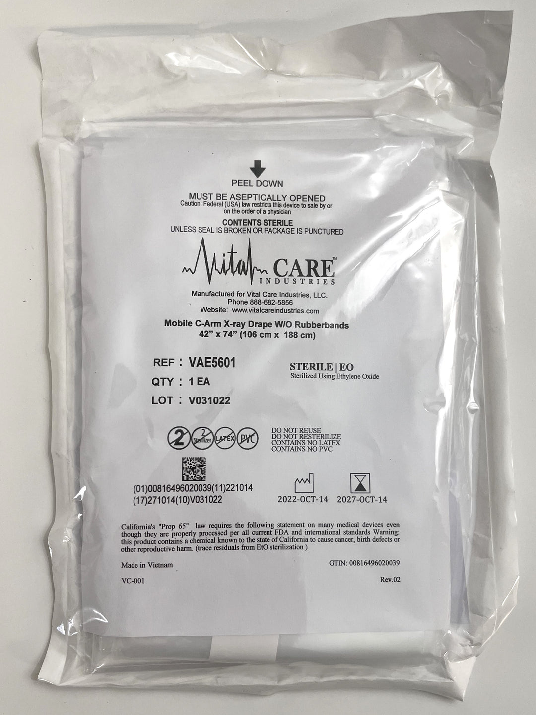 Vital Care VAE5601 Mobile C-Arm X-ray Drape 42" x 74" No Bands