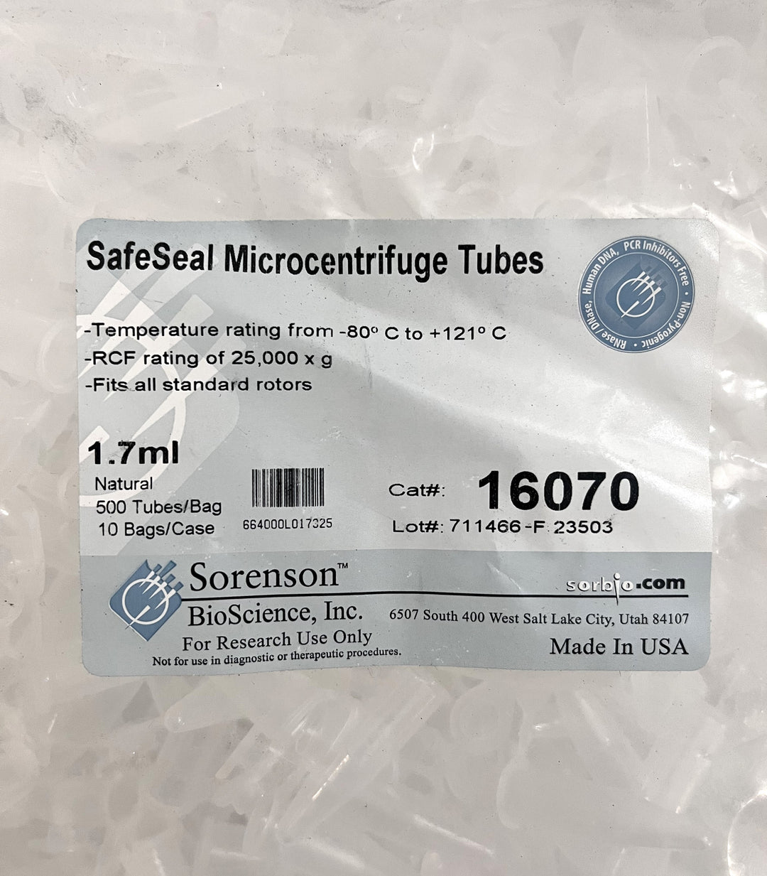Sorenson SafeSeal 1.7 mL Microcentrifuge Tubes 1,000 Pieces (2 × 500/Bag)
