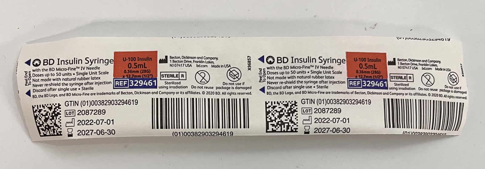 BD 329461 Micro-Fine Syringes 28G x 1/2", 100 per box, for precise insulin delivery.