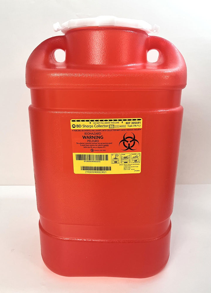 BD 305491 Sharps Collector, 5 Gallon, durable red container with secure lid for safe disposal.
