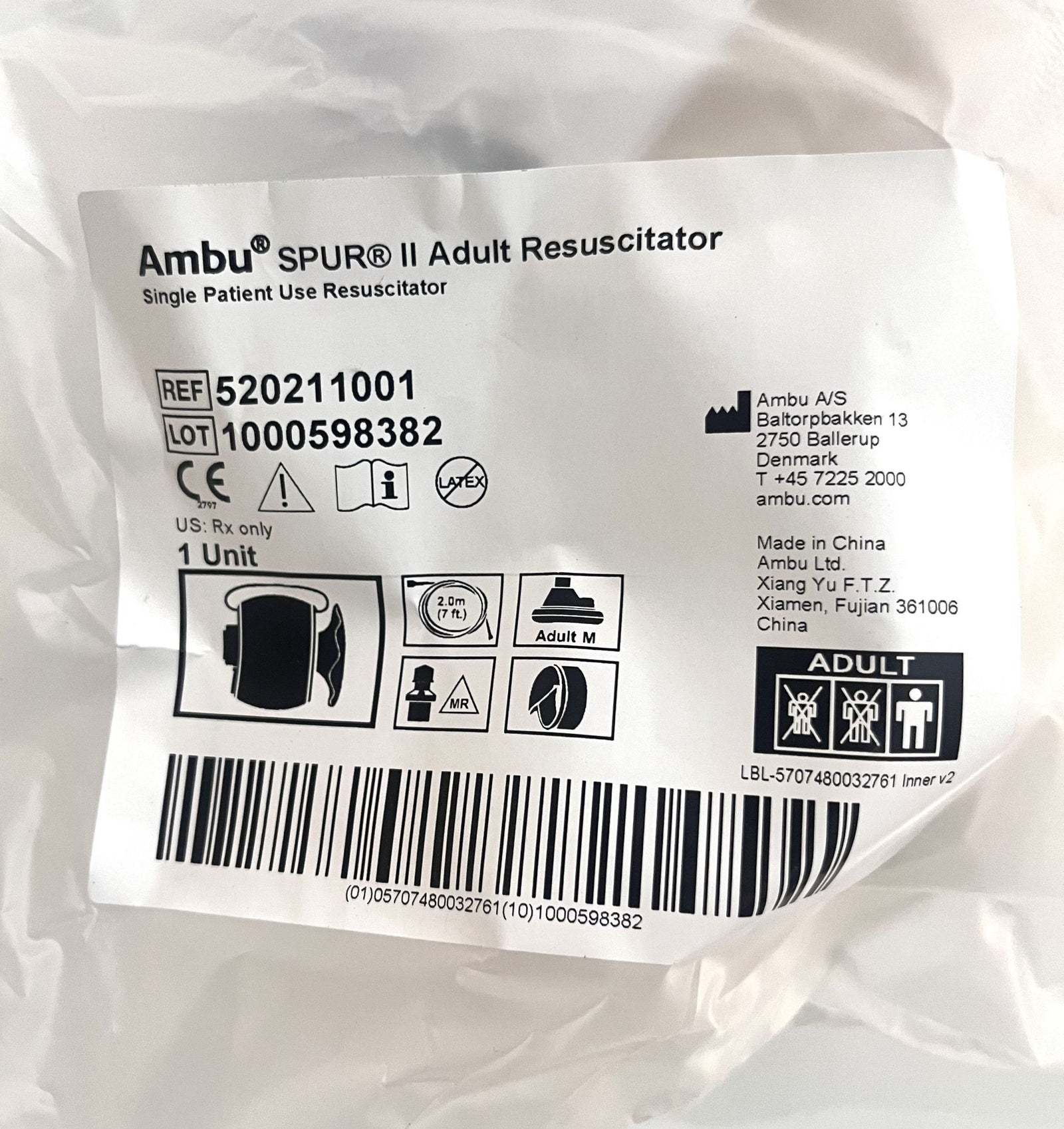 Image of Ambu 520211001 SPUR II Adult Resuscitator with mask, oxygen port, and single-use design.