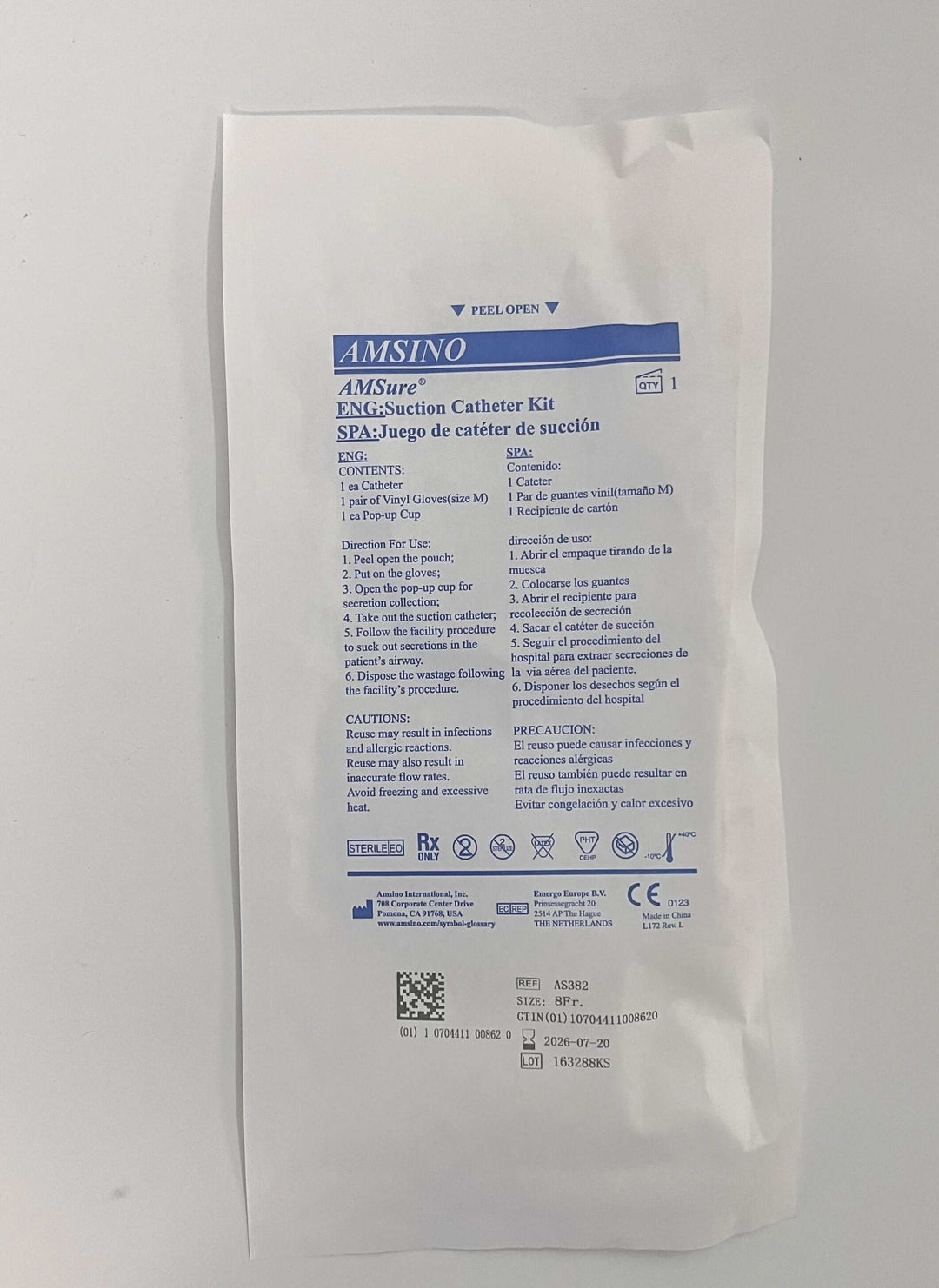 Amsino AMSure AS382 8Fr. Suction Catheter Kit, sterile (50/Case).