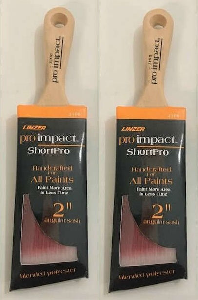 Linzer Pro Impact 2168 Angular Sash Paint Brush, 2", blended polyester bristles for precision painting on detailed surfaces.
