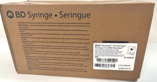 Box of 200 BD Plastpak 3mL Syringes with Luer Slip Tip, sterile and non-pyrogenic.