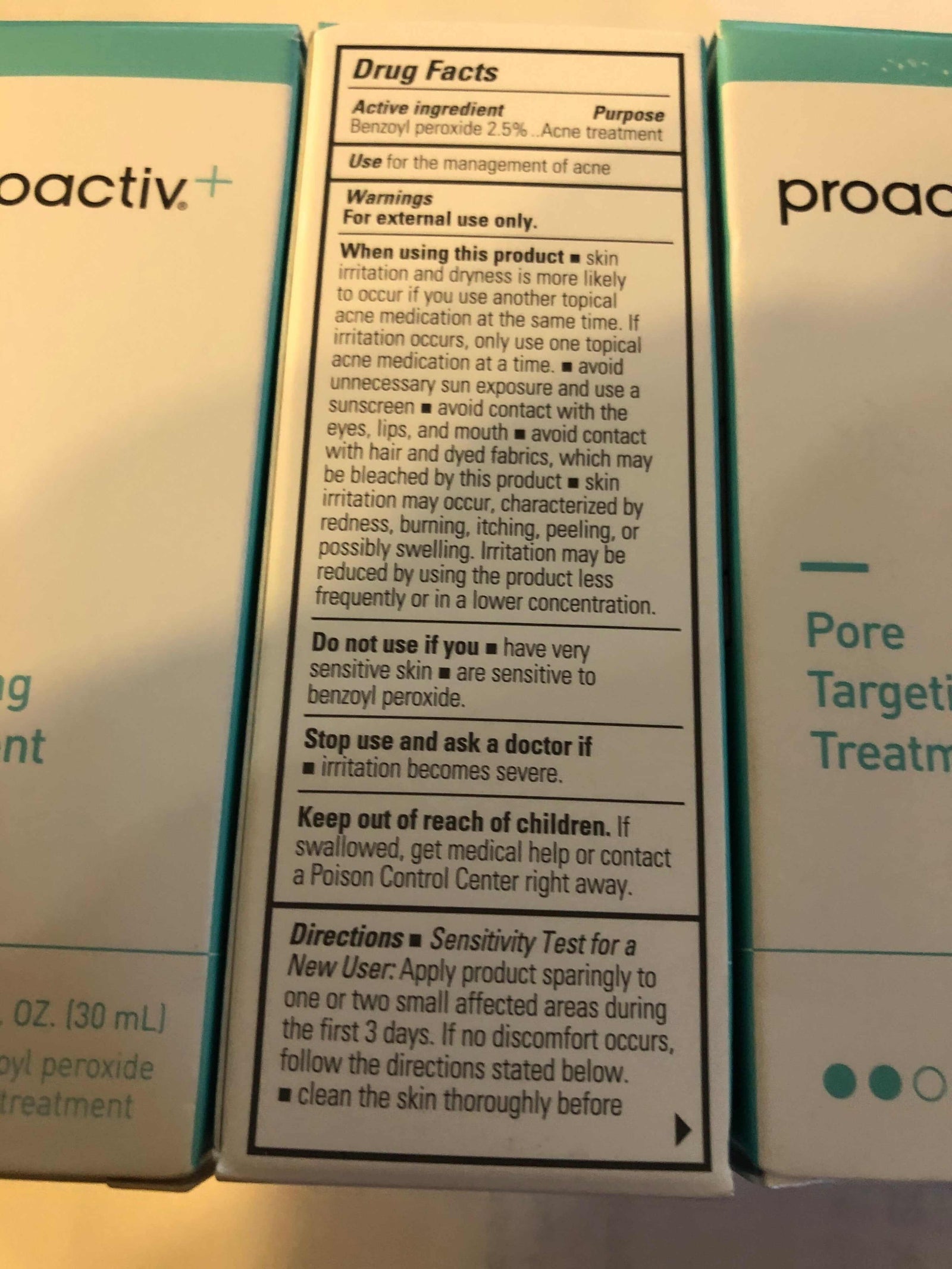 3 bottles of Proactiv+ Pore Targeting Treatment, 1 fl oz each, expiration date: 10/22.