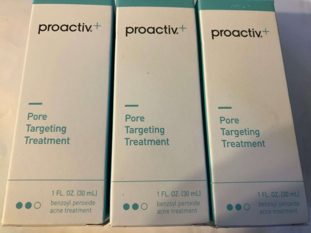 3 bottles of Proactiv+ Pore Targeting Treatment, 1 fl oz each, expiration date: 10/22.