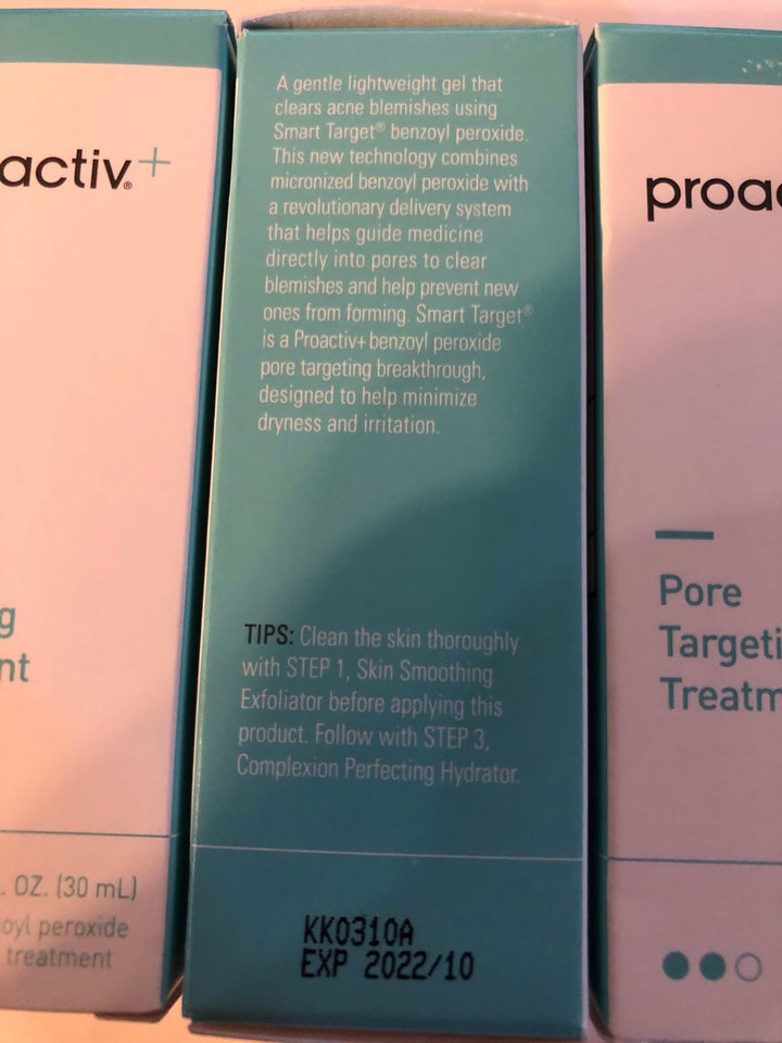 3 bottles of Proactiv+ Pore Targeting Treatment, 1 fl oz each, expiration date: 10/22.