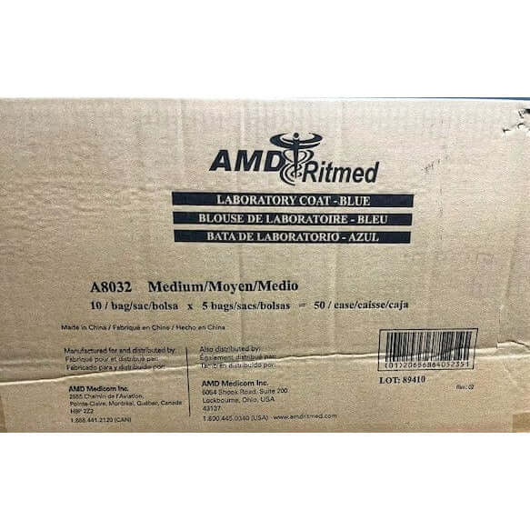 AMD Ritmed A8032 Medium Blue Laboratory Coat, fluid-resistant with snap closure (50/Case).