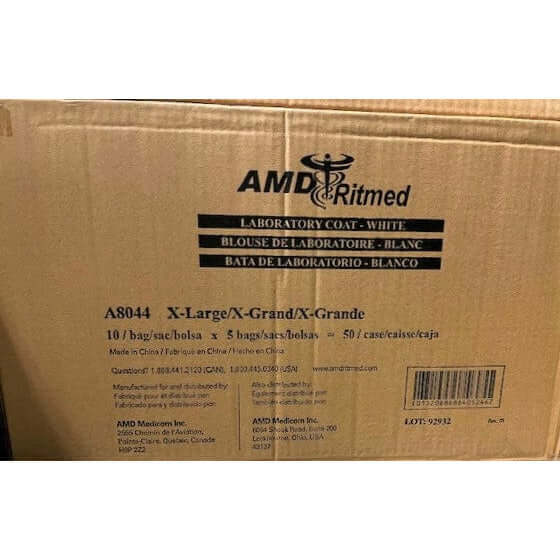 AMD Ritmed A8044 X-Large White Laboratory Coat, fluid-resistant with snap closure (50/Case).