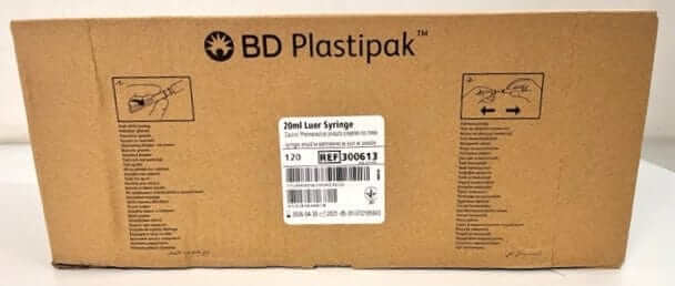 Box of 120 Plastipak 20mL Luer syringes, sterile with clear markings. Ref# 300613.