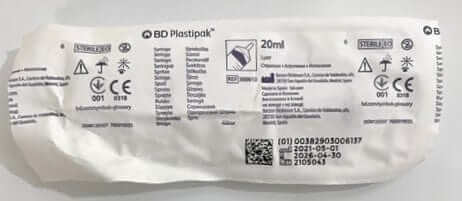 Box of 120 Plastipak 20mL Luer syringes, sterile with clear markings. Ref# 300613.