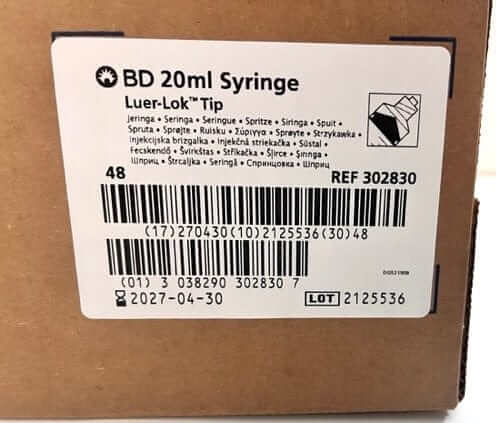 Transparent 20 mL syringe with Luer-Lok tip for secure needle attachment, clear volume markings, smooth plunger action.