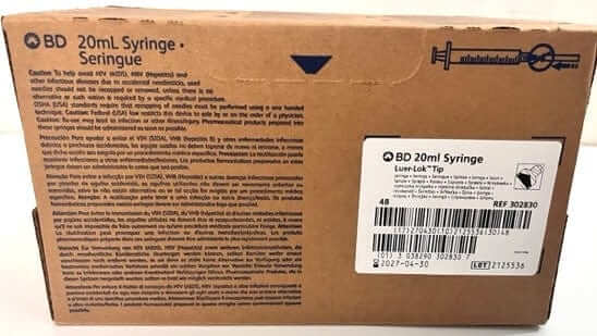 Transparent 20 mL syringe with Luer-Lok tip, clear markings, and smooth plunger action.