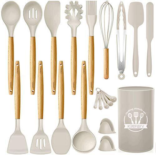 Kinfayv Silicone Cooking Utensils Kitchen Utensil Set, 21 PCS Wooden Handle BPA