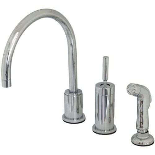 Kingston Brass Concord widespread kitchen faucet with sprayer, sleek modern design, durable brass construction, and dual handles.