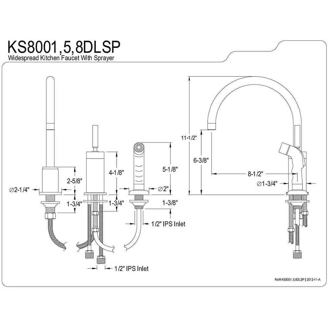 Kingston Brass Concord widespread kitchen faucet with sprayer, sleek modern design, durable brass construction, and dual handles.