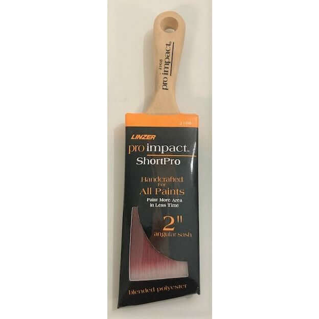 Linzer Pro Impact 2168 Angular Sash Paint Brush, 2", blended polyester bristles for precision painting on detailed surfaces.