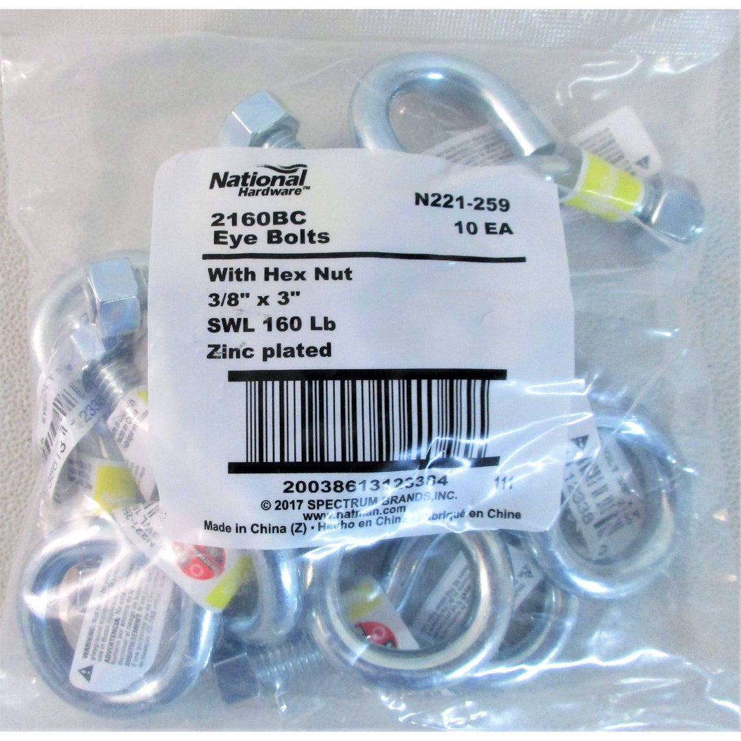 National Hardware N221-259 Eye Bolts with Hex Nut 3/8" x 3" (10-Pack)