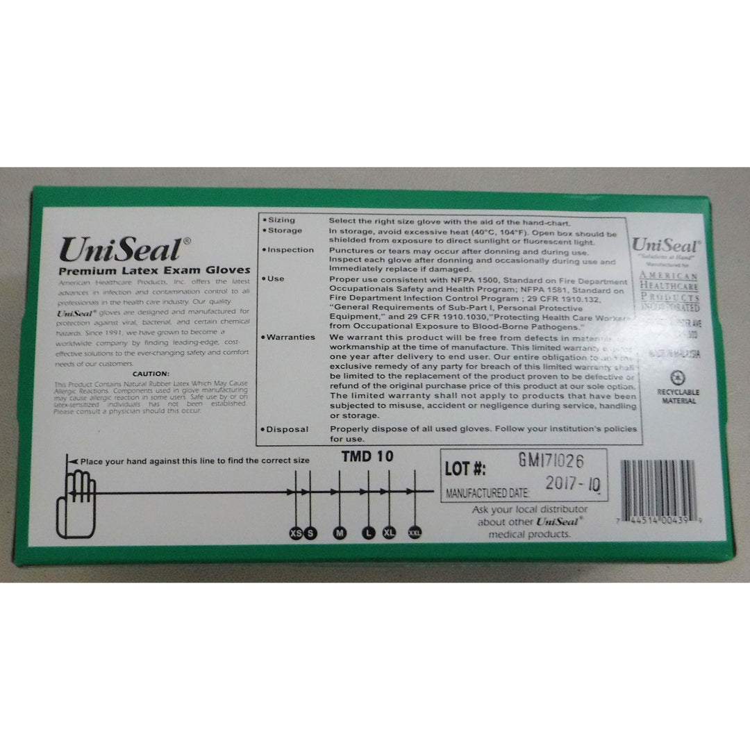 Powder Free Textured Latex Exam Gloves UniSeal, XL (50/Box)