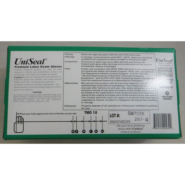 Powder Free Textured Latex Exam Gloves UniSeal, XL (50/Box)