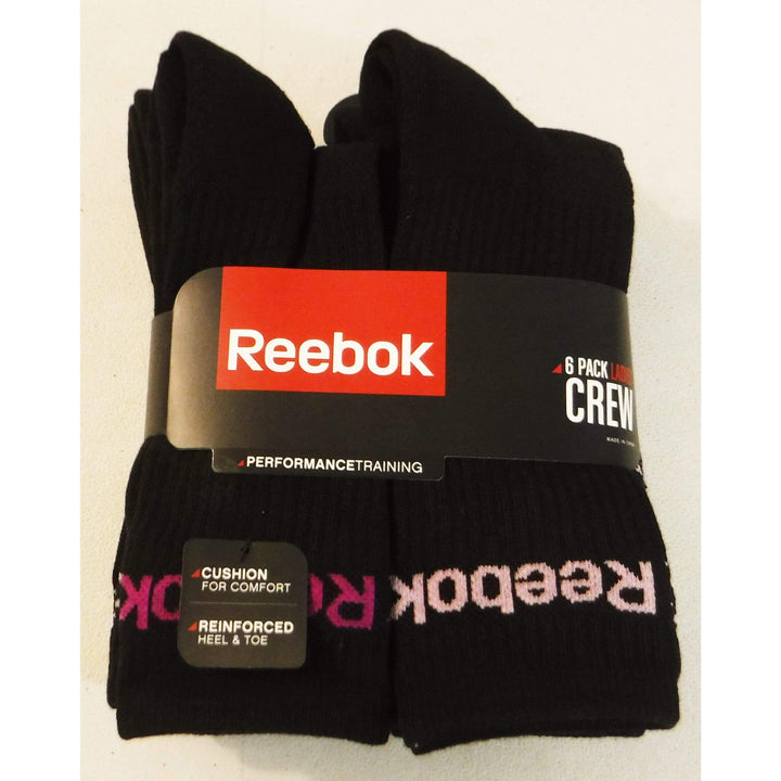 Reebok 6-Pack Ladies Crew Performance Socks with comfort toe seam and reinforced heel.
